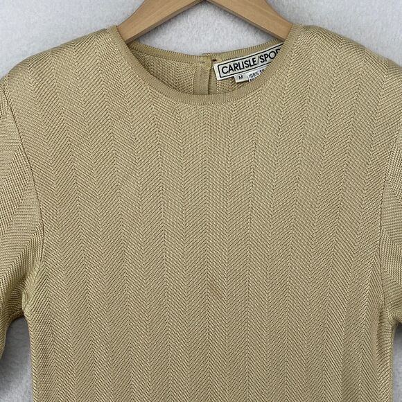 CARLISLE SPORT Sweater M Silk Herringbone Round Neck Short Sleeve Beige HK VTG - Picture 4 of 11